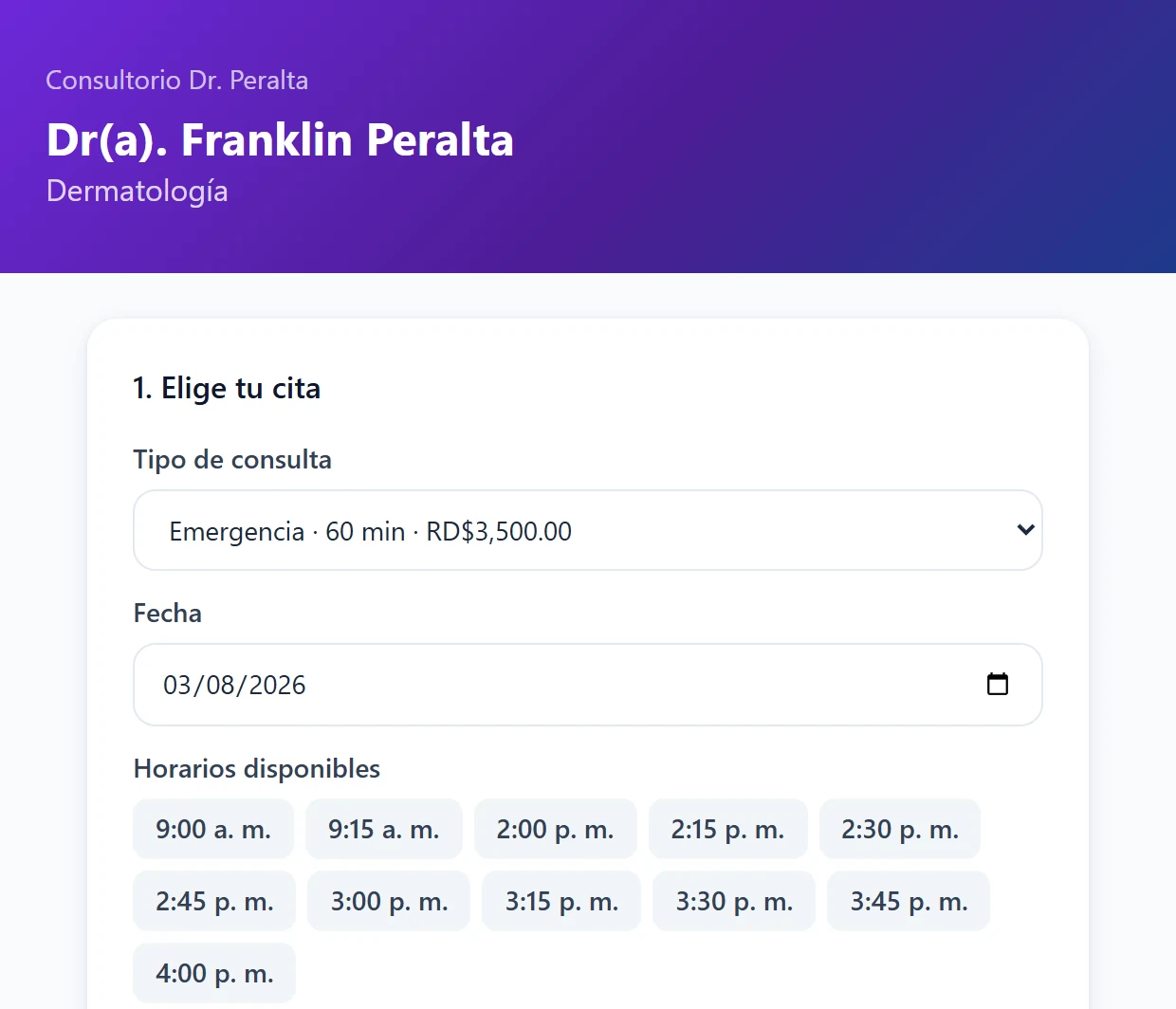 La página pública de reservas de un consultorio, con los horarios disponibles del día